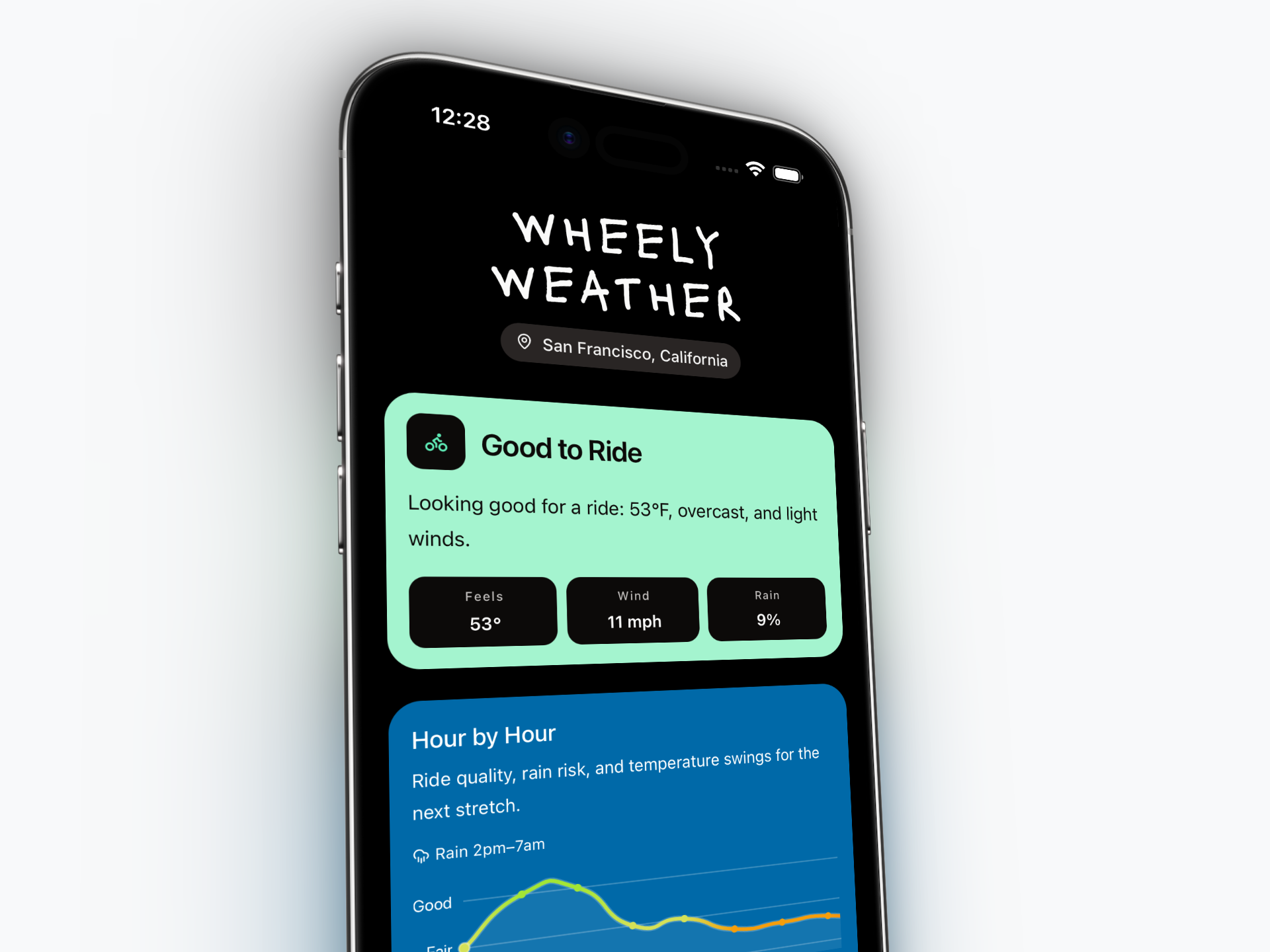 Wheely Weather home screen showing a Good to Ride summary with feels, wind, and rain stats