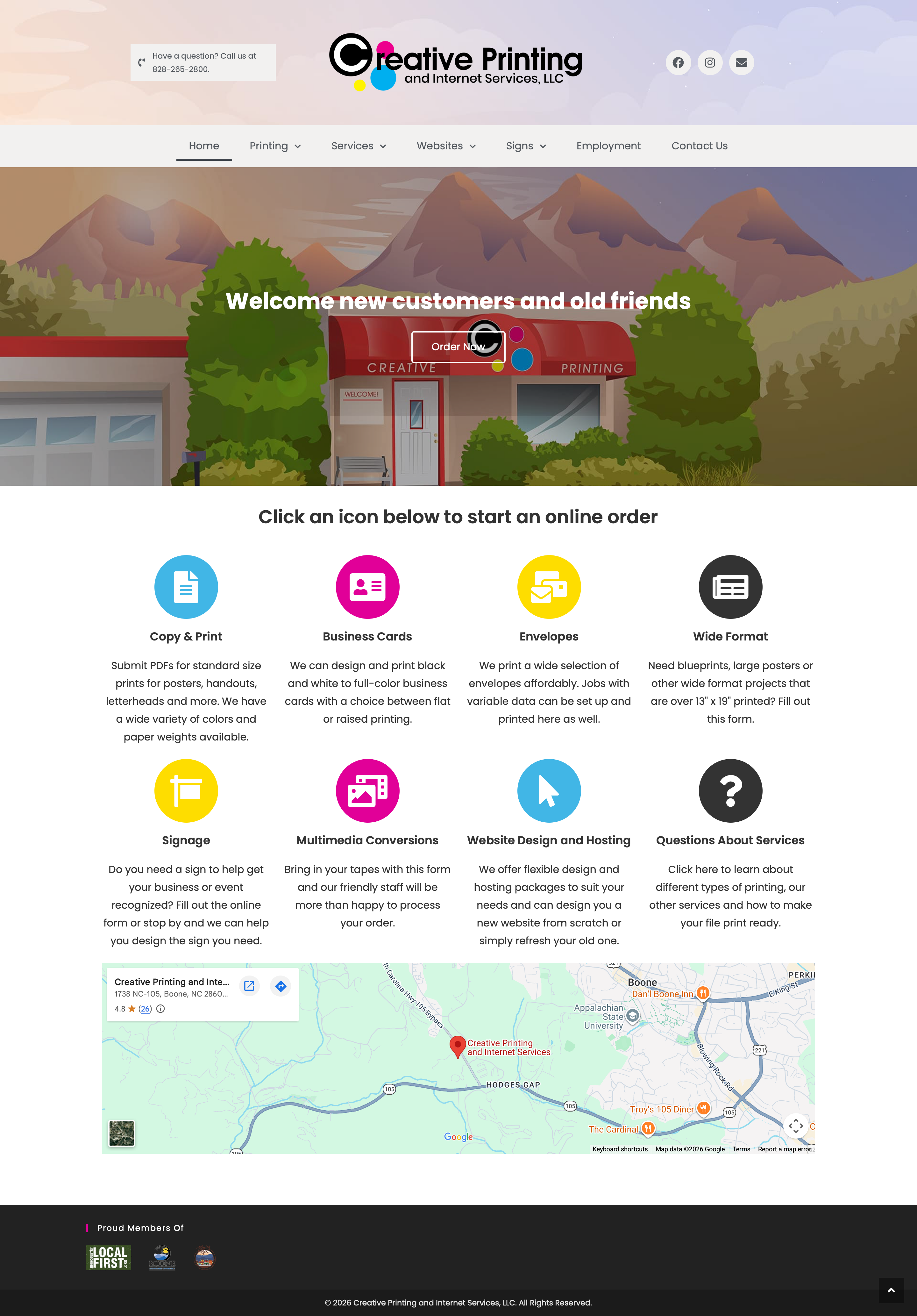 Full Creative Printing homepage: logo and phone number, main navigation, an illustrated storefront hero with an Order Now button, the eight-tile order grid, and a location map.