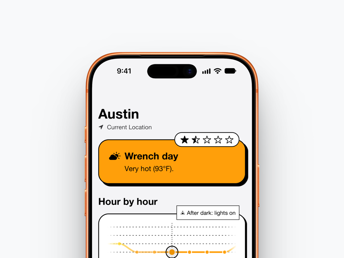 Wheely Weather on iPhone showing a 1.5-star ‘Wrench day’ verdict for Austin, very hot at 93°F, with an ‘After dark: lights on’ note on the hourly chart.