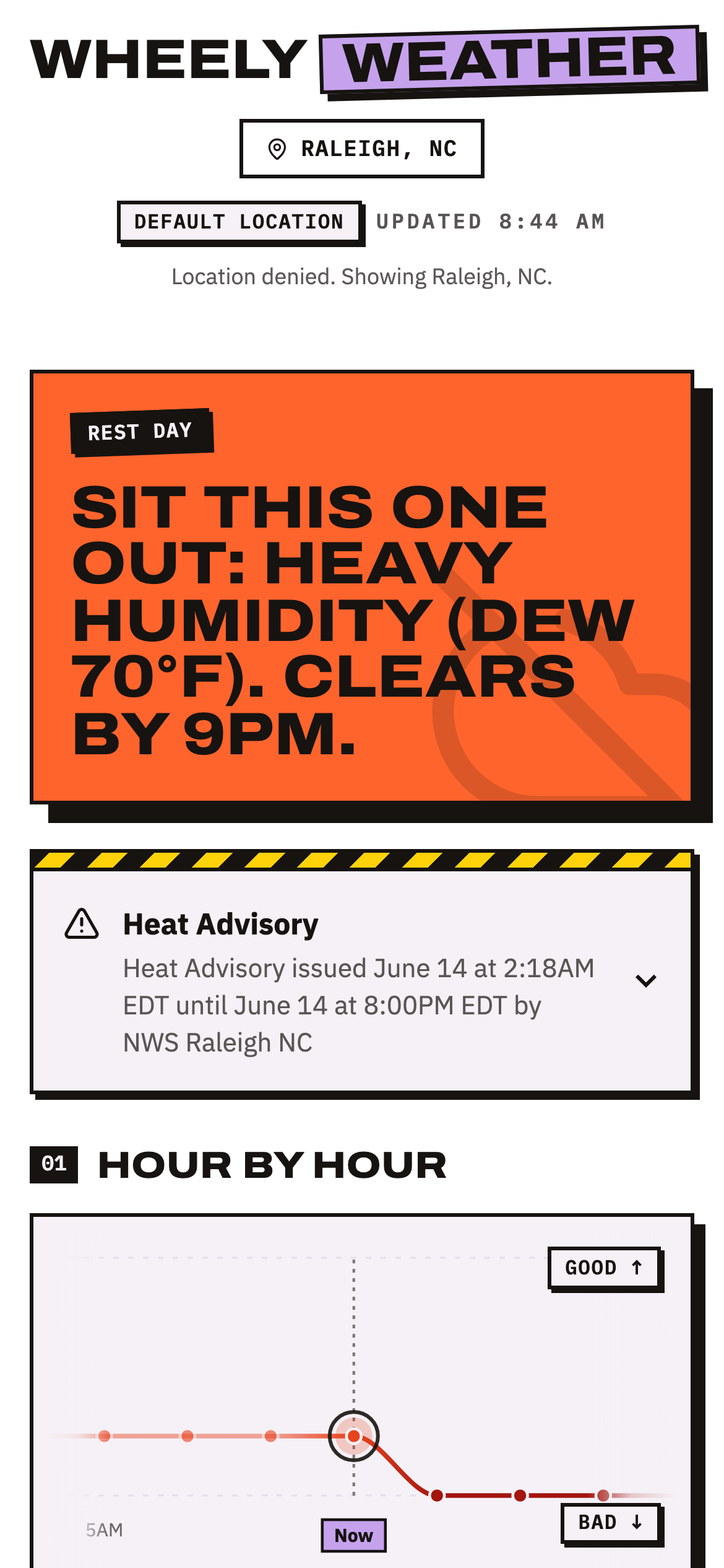 Wheely Weather verdict for Raleigh on an orange rest-day card calling out heavy humidity.